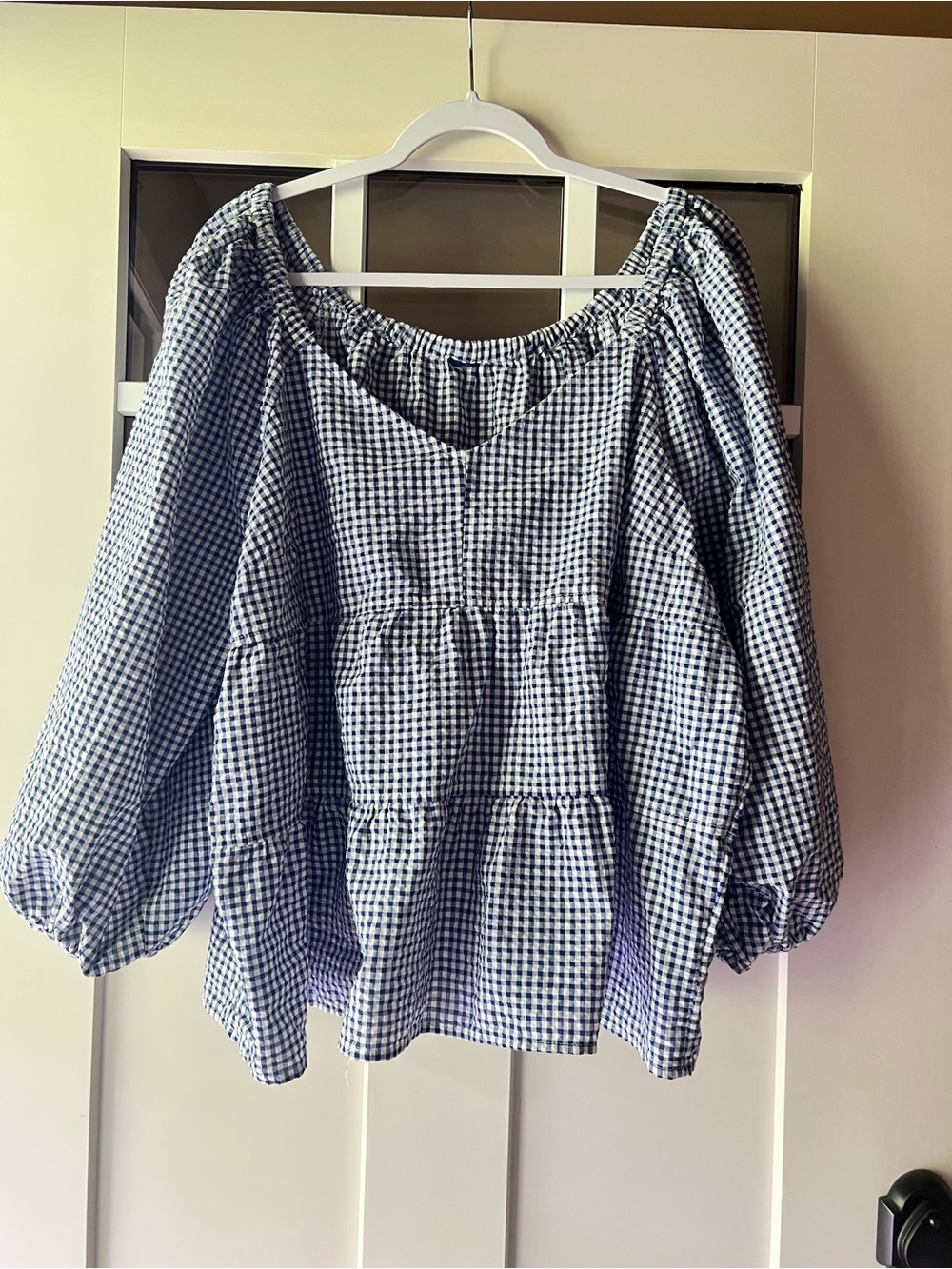 Blue Gingham Peasant Blouse - Women